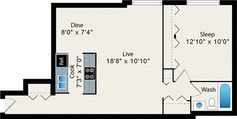 A floor plan of a small apartment with a living room, a dining room, a sleeping area, and a kitchen.