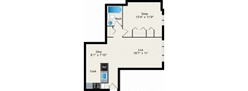 A floor plan of a house with a sleeping area, a dining area, a live area, and a kitchen.