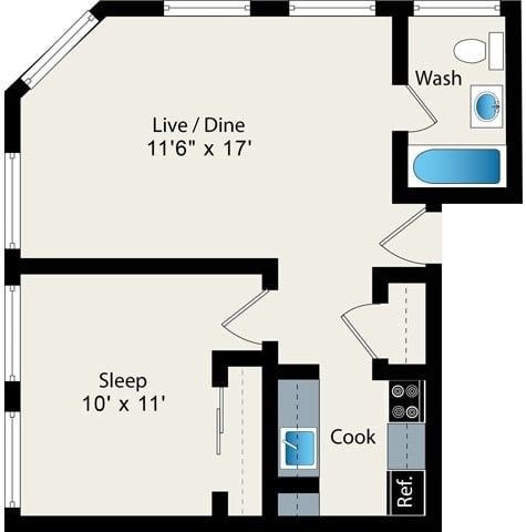 A floor plan of a small apartment with a sleeping area, a kitchen, a washbasin, and a live/dining area.