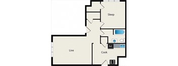 A floor plan of a room with a sleeping area, a live area, and a kitchen.