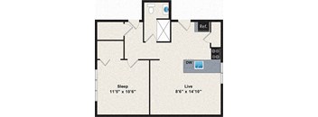 A floor plan shows a bedroom sized at 11'5" x 10'6" and a living room sized at 8'6" x 14'10".