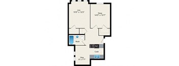 A floor plan of a small apartment with a living room, sleeping area, kitchen, and bathroom.
