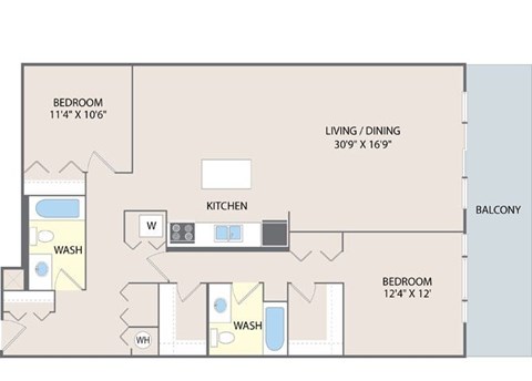 A floor plan of a home with a living room, two bedrooms, a kitchen, and two bathrooms.