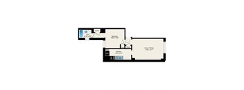 A floor plan of a small apartment with a living room, dining room, kitchen, and bathroom.