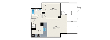 A floor plan of a room with a sleeping area, a cooking area, and a living area.