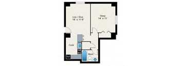 A floor plan of a small apartment with a sleeping area, a live/dining area, a kitchen, a bathroom, and a reference area.