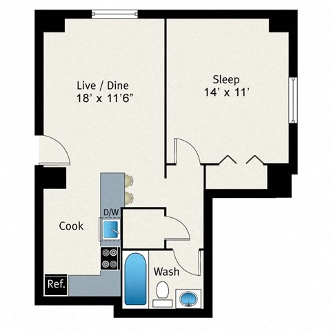 A floor plan of a small apartment with a sleeping area, a live/dining area, a kitchen, a bathroom, and a reference area.