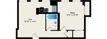 A floor plan shows a bedroom with a sleeping area of 12'5" x 10'10" and a living area of 15'10" x 11'8".
