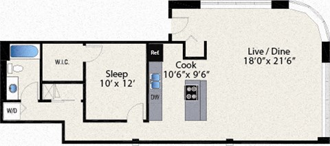 A floor plan of a living area with a sleeping area, a kitchen, and a bathroom.