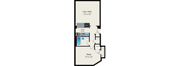 A floor plan of a small apartment with a sleeping area, a live/dining area, and a kitchen.