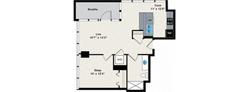 A floor plan of a small apartment with a sleeping area, a living area, a kitchen, and a bathroom.
