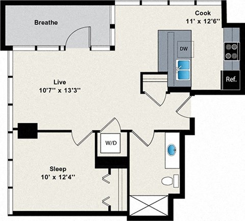 A floor plan of a small apartment with a sleeping area, a living area, a kitchen, and a bathroom.
