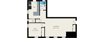 A floor plan of a small apartment with a sleeping area, a kitchen, and a living room.