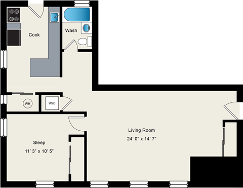 A floor plan of a small apartment with a sleeping area, a kitchen, and a living room.