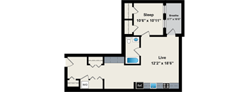A floor plan shows a bedroom with a sleeping area of 10'6" x 10'11" and a live area of 12'2" x 18'6".