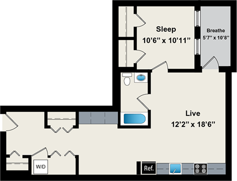 A floor plan shows a bedroom with a sleeping area of 10'6" x 10'11" and a live area of 12'2" x 18'6".