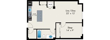 A floor plan of a small apartment with a sleeping area, a live/dine area, and a kitchen.