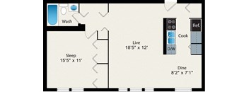 A floor plan of a small apartment with a sleeping area, a dining area, a kitchen, a washbasin, and a reference area.