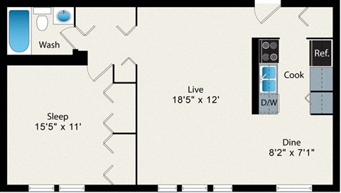 A floor plan of a small apartment with a sleeping area, a dining area, a kitchen, a washbasin, and a reference area.
