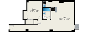 A floor plan shows a bedroom with a sleeping area of 12'3" x 10' and a live area of 20'3" x 15'1".