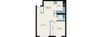 A floor plan of a small apartment with a sleeping area, a living area, a study/dining area, and a kitchen.