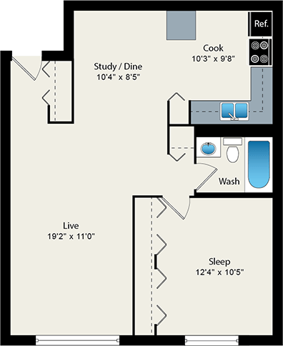 A floor plan of a small apartment with a sleeping area, a living area, a study/dining area, and a kitchen.
