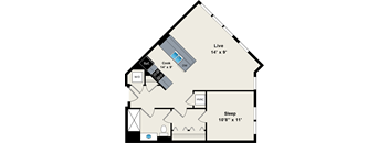 A floor plan of a house with a living room, kitchen, and bedroom.