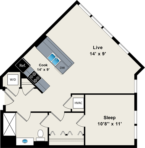 A floor plan of a house with a living room, kitchen, and bedroom.