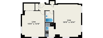 A floor plan of a room with two live areas and a reference area.