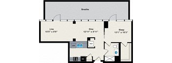 A floor plan of a room with a living area, dining area, and sleeping area.