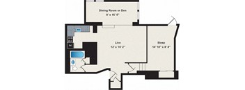 A floor plan of a room with a dining room or den, a live room, and a sleeping area.