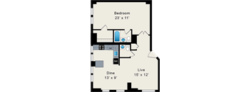 A floor plan of a room with a bedroom, dining area, and living area.