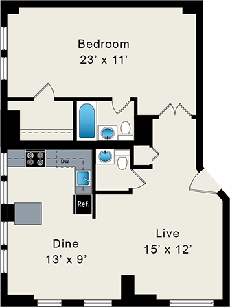 A floor plan of a room with a bedroom, dining area, and living area.