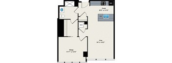 A floor plan of a house with a sleeping area, a living area, a kitchen, and a bathroom.