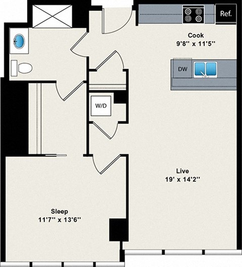 A floor plan of a house with a sleeping area, a living area, a kitchen, and a bathroom.