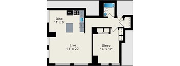 A floor plan of a room with a dining area, a living area, and a sleeping area.