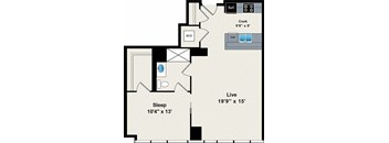 A floor plan of a house with a sleeping area, a kitchen, and a living area.