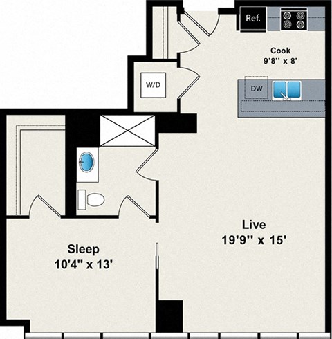 A floor plan of a house with a sleeping area, a kitchen, and a living area.