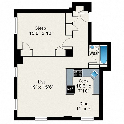 A floor plan of a room with a sleeping area, a live area, a kitchen, and a dining area.