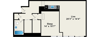 A floor plan of a room with a sleeping area and a living area.