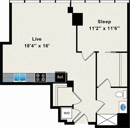 A floor plan shows a bedroom and living room.