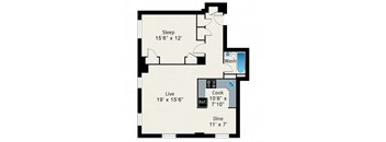 A floor plan of a room with a sleeping area, a live area, a kitchen, and a dining area.