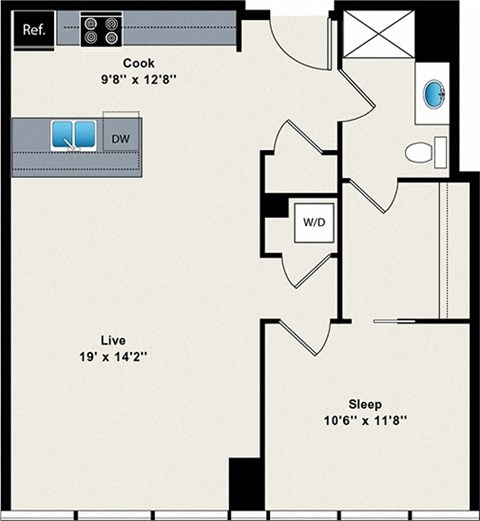 A floor plan shows a living area of 19" x 14"2" and a sleeping area of 10"6" x 11"8".