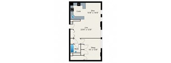 A floor plan of a small apartment with a kitchen, living room, and bedroom.