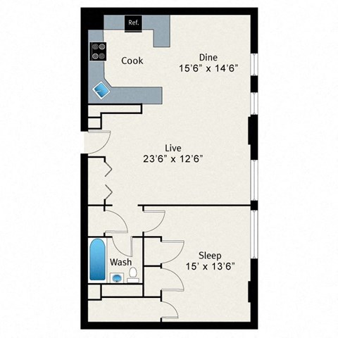 A floor plan of a small apartment with a kitchen, living room, and bedroom.