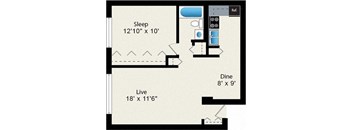 A floor plan shows a bedroom that is 12 feet by 10 feet, a living room that is 18 feet by 11 feet and 6 inches, and a dining room that is 8 feet by 