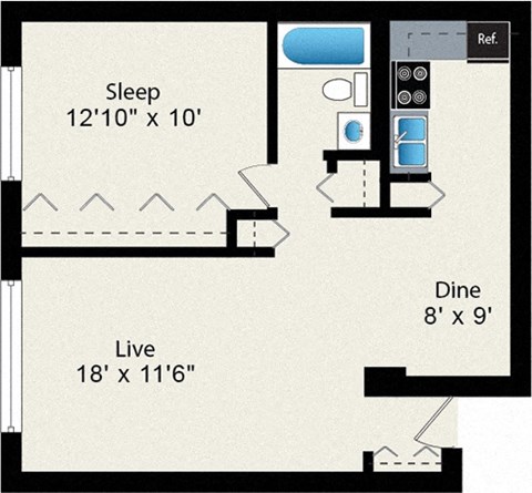 A floor plan shows a bedroom that is 12 feet by 10 feet, a living room that is 18 feet by 11 feet and 6 inches, and a dining room that is 8 feet by 