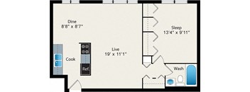 A floor plan of a small apartment with a kitchen, living room, and bathroom.