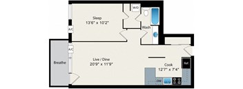 A floor plan of a room with a sleeping area, a cooking area, a washbasin, a breathe machine, and a reference button.