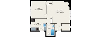 A floor plan of a small apartment with a sleeping area, a live/dining area, a kitchen, and a bathroom.